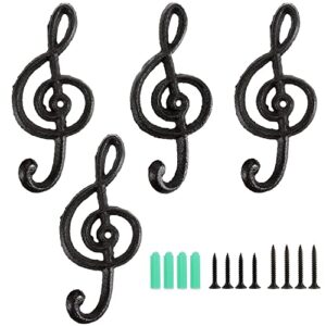 laxioriew pack of 4 vintage cast iron musical note wall decorative hook, heavy duty rustic wall garage hook music treble note retro wall hanger hook for robes, towels , coats, bags and cloths