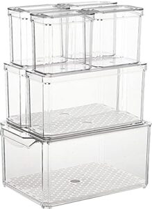 set of 7 clear fridge organizer stackable refrigerator organizer bins with lids,pantry organization and storage,apply to fridge,fresh keeper bin,with vented lids & removable drain tray