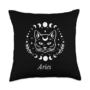 aries astrology zodiac sign horoscope moon phase aries zodiac sign moon phase new age mystical cat throw pillow, 18x18, multicolor