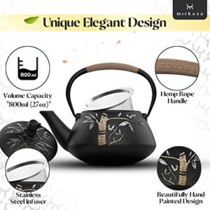 Tea Kettle, Cast Iron Tea Pot with Stainless Steel Infuser, Japanese Tea Pots for Stove Top, Unique Hand Painted Bamboo Pattern, Teapots with Enameled Interior, Tetsubin Tea Kettle, 800ML