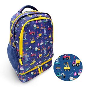 Backpack with Lunch Box for Boys, Cute 15” Boy Backpacks and Integrated Lunch Bag with Water Bottle Pocket Holder, Insulated Padded Travel Bags Boxes for Elementary School Kids, Blue Yellow Trucks