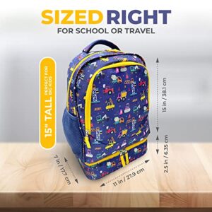 Backpack with Lunch Box for Boys, Cute 15” Boy Backpacks and Integrated Lunch Bag with Water Bottle Pocket Holder, Insulated Padded Travel Bags Boxes for Elementary School Kids, Blue Yellow Trucks
