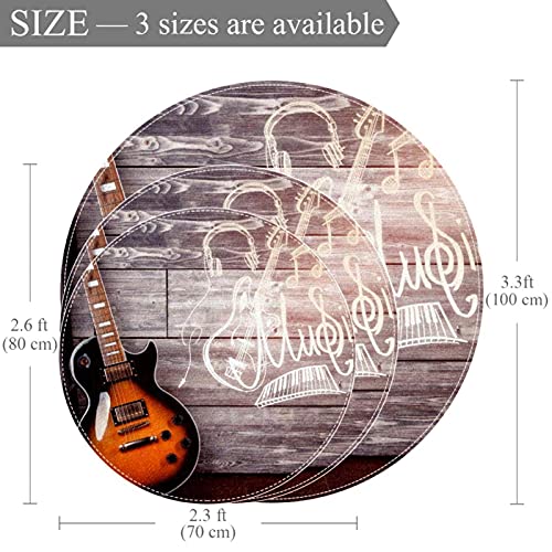 Niaocpwy Guitar with Bright Sketch in Wooden Interior Non Slip Round Rug Pads for Bedroom Bathroom Kitchen Teen’s Room Decor for Girls Boys Floor Mat Study Chair Pad Area Rug 3.3'