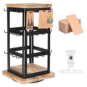 j jackcube design 3 tier 360 rotating black metal earring holder organizer, jewelry display rack, vintage farmhouse style stand for necklaces, piercings with 48 hooks and wood tray shelf -mk1073a