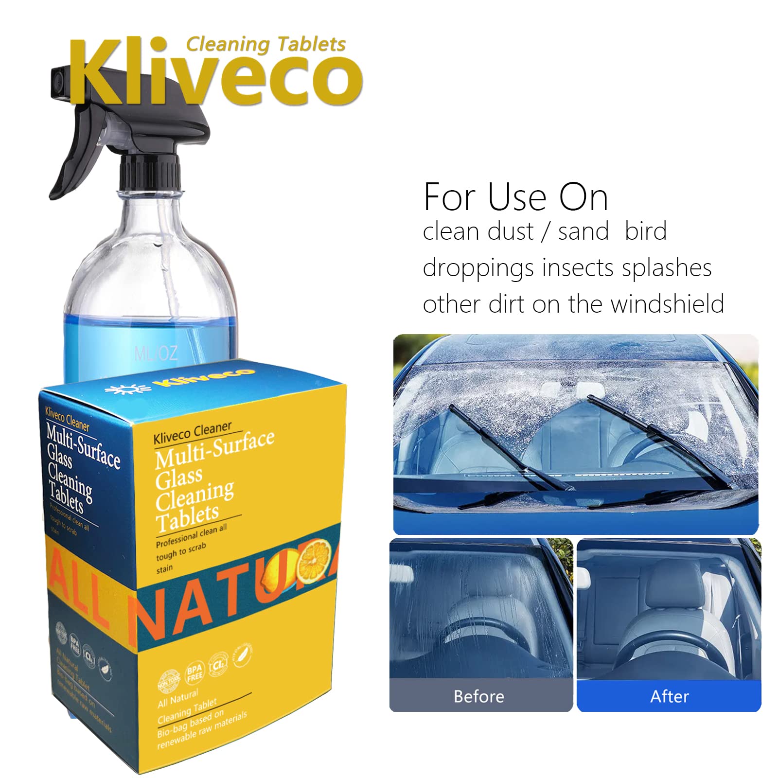 Kliveco 30PCS Car Windshield Washer Fluid Tablet,Windshield Wiper Fluid,Window and Glass Cleaner Effervescent Tablets,1 Pack Makes 33 Gallons,car,Home(Winter: Use With De-icer or Methanol)