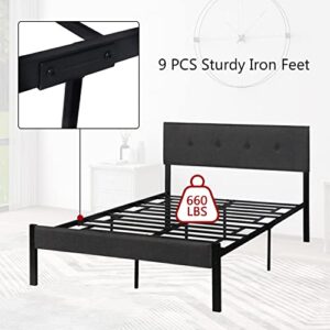 LTMEUTY Full Bed Frame - Metal Platform Bed Frame, Mattress Foundation with Upholstered Headboard, for Boys, Teen, Young, Metal Support and No Box Spring, Gray