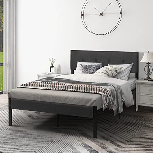 LTMEUTY Full Bed Frame - Metal Platform Bed Frame, Mattress Foundation with Upholstered Headboard, for Boys, Teen, Young, Metal Support and No Box Spring, Gray