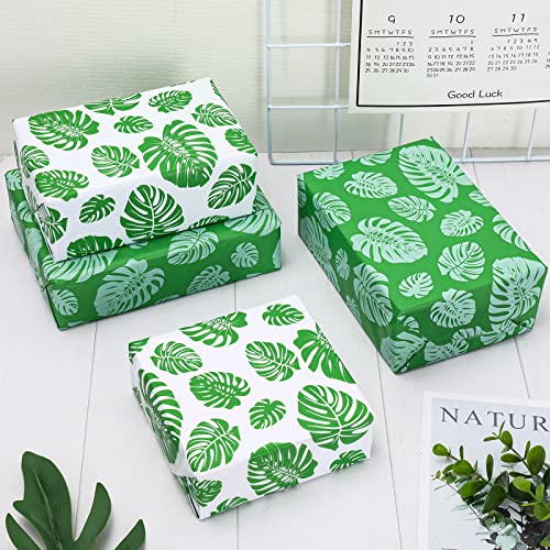 Whaline Tropical Palm Leaves Tissue Paper Folded Flat Green White Gift Wrapping Paper Art Paper for Spring Summer DIY Gift Packing Party Favor Holiday Paper Flower Craft Making, 14 x 20Inch, 90Sheet