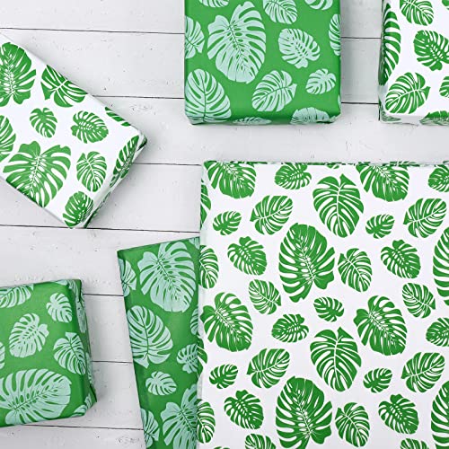 Whaline Tropical Palm Leaves Tissue Paper Folded Flat Green White Gift Wrapping Paper Art Paper for Spring Summer DIY Gift Packing Party Favor Holiday Paper Flower Craft Making, 14 x 20Inch, 90Sheet