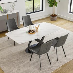 povison modern dining table for 4, white dining table sintered stone dining table top with x-shape carbon steel pedestal table, 55 inch rectangle dining table for dining room table