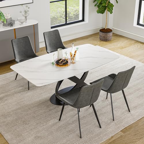 POVISON Modern Dining Table for 4, White Dining Table Sintered Stone Dining Table Top with X-Shape Carbon Steel Pedestal Table, 55 inch Rectangle Dining Table for Dining Room Table