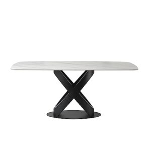 POVISON Modern Dining Table for 4, White Dining Table Sintered Stone Dining Table Top with X-Shape Carbon Steel Pedestal Table, 55 inch Rectangle Dining Table for Dining Room Table