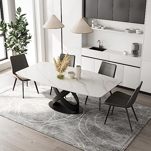 POVISON Modern Dining Table for 4, White Dining Table Sintered Stone Dining Table Top with X-Shape Carbon Steel Pedestal Table, 55 inch Rectangle Dining Table for Dining Room Table