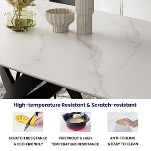 POVISON Modern Dining Table for 4, White Dining Table Sintered Stone Dining Table Top with X-Shape Carbon Steel Pedestal Table, 55 inch Rectangle Dining Table for Dining Room Table
