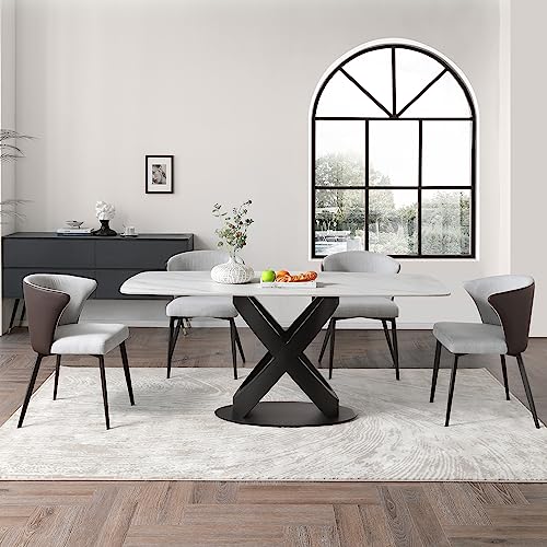 POVISON Modern Dining Table for 4, White Dining Table Sintered Stone Dining Table Top with X-Shape Carbon Steel Pedestal Table, 55 inch Rectangle Dining Table for Dining Room Table