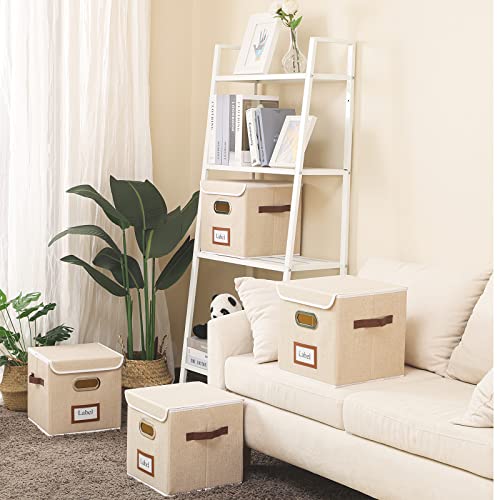 Yawinhe 4 Packs Storage Boxes, 11 x 11 x 11 Inch Storage Cubes, Storage Bins Organizer Containers with Dual Leather Handles for Home Bedroom Closet Office (Beige, 4-Pack)