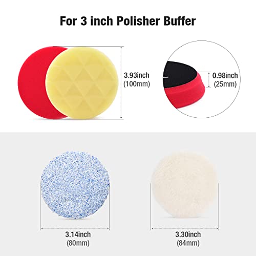 ShineMate 3.5 Inch Body Repair Polishing Pad Set Made for 3 Inch Backing Plate, 6 Pcs Buffing Pads with Sponge, Wool and Micro-Fiber Pad Set for Car Detailing