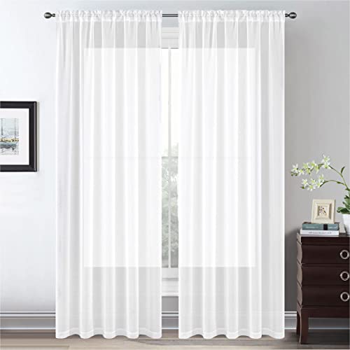 HIGHSEASON White Sheer Curtains 102 inches Long,Solid Rod Pocket Top Draperies for Living Room/Bedroom(White,Set of 2,52 x 102 Inch Length)