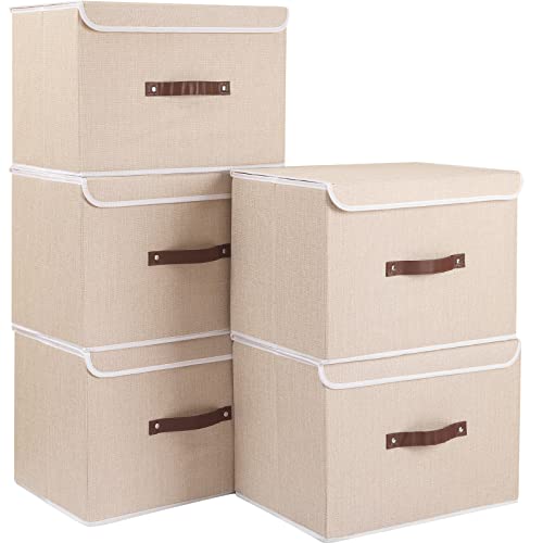 Yawinhe Collapsible Storage Boxes with Lids Fabric Foldable Storage Bins Organizer Containers Baskets with Lid for Home Bedroom Closet Office (Beige, 15.0x9.8x9.8inch/5-Pack)