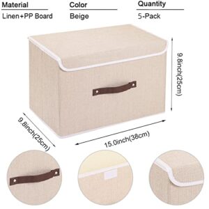 Yawinhe Collapsible Storage Boxes with Lids Fabric Foldable Storage Bins Organizer Containers Baskets with Lid for Home Bedroom Closet Office (Beige, 15.0x9.8x9.8inch/5-Pack)