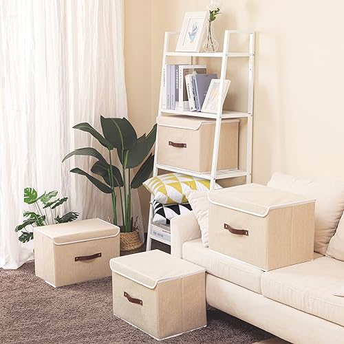 Yawinhe Collapsible Storage Boxes with Lids Fabric Foldable Storage Bins Organizer Containers Baskets with Lid for Home Bedroom Closet Office (Beige, 15.0x9.8x9.8inch/5-Pack)