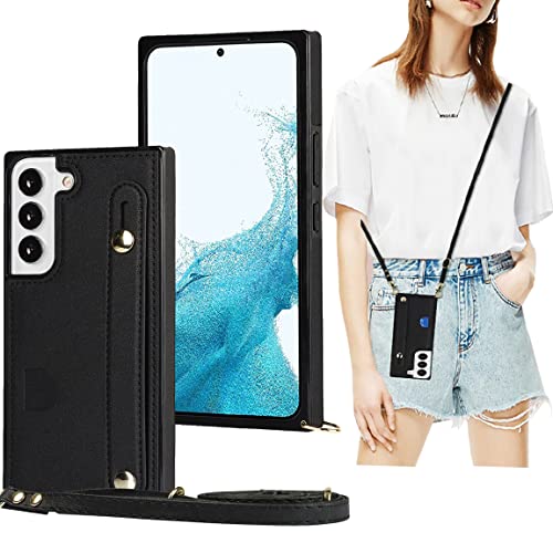 CCSmall Case for Samsung Galaxy S22+ Plus (Not S22) with Card Slot Holder, Removable Adjustable Shoulder Strap Lanyard Crossbody Neck Purse Phone Case for Samsung Galaxy S22 Plus KB Black