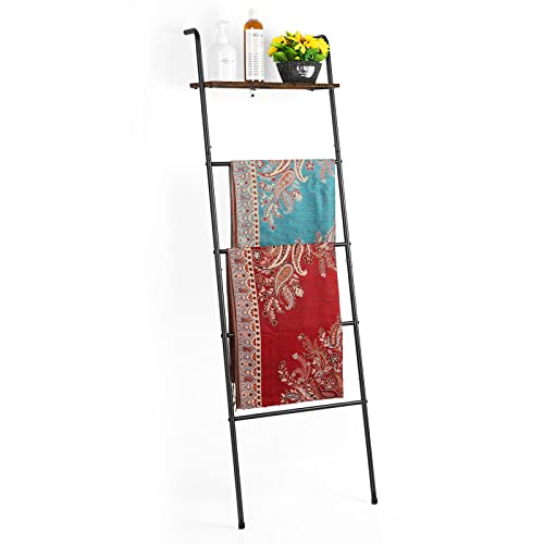 Blanket Ladder Farmhouse Decorative Ladder Holder with Storage Shelf, Wall Leaning Towel Racks for Bathroom, Living Room, Bedroom, Laundry Room, Black