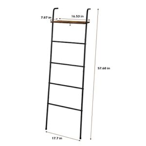 Blanket Ladder Farmhouse Decorative Ladder Holder with Storage Shelf, Wall Leaning Towel Racks for Bathroom, Living Room, Bedroom, Laundry Room, Black