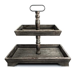farmhouse decor 2 tiered tray decorative holder -rustic rectangular wooden stand for countertop home kitchen table decor