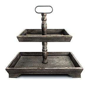 Farmhouse Decor 2 Tiered Tray Decorative Holder -Rustic Rectangular Wooden Stand for Countertop Home Kitchen Table Decor