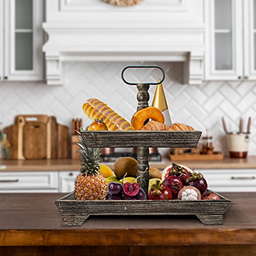 Farmhouse Decor 2 Tiered Tray Decorative Holder -Rustic Rectangular Wooden Stand for Countertop Home Kitchen Table Decor