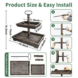 Farmhouse Decor 2 Tiered Tray Decorative Holder -Rustic Rectangular Wooden Stand for Countertop Home Kitchen Table Decor