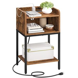 HOOBRO Nightstand with Charging Station, End Table with Open Drawer, Side Table with USB Ports and Outlets, for Small Spaces, Bedroom, Rustic Brown BF381BZ01