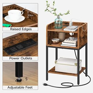 HOOBRO Nightstand with Charging Station, End Table with Open Drawer, Side Table with USB Ports and Outlets, for Small Spaces, Bedroom, Rustic Brown BF381BZ01