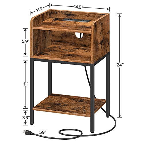 HOOBRO Nightstand with Charging Station, End Table with Open Drawer, Side Table with USB Ports and Outlets, for Small Spaces, Bedroom, Rustic Brown BF381BZ01