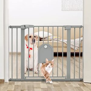 babelio auto close baby gate with small cat door, 29-43" metal cat gate for doorway, stairs, house, easy walk thru dog gate with pet door, includes 4 wall cups and 3 extension pieces, gray