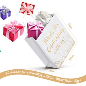 45 Pcs Wedding Welcome Bags for Hotel Guests Gold Foil Wedding Gift Bags with Handles Thanks for Celebrating with Us Paper Bags Medium Size Wedding Bags Bridal Gift Bags Baby Shower Favor(White)