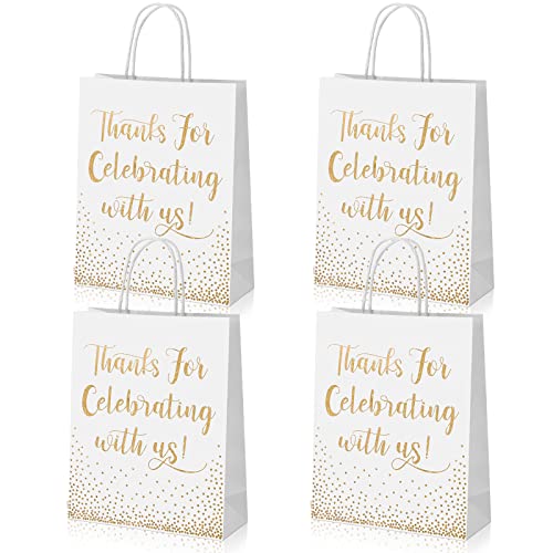 45 Pcs Wedding Welcome Bags for Hotel Guests Gold Foil Wedding Gift Bags with Handles Thanks for Celebrating with Us Paper Bags Medium Size Wedding Bags Bridal Gift Bags Baby Shower Favor(White)