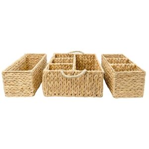 ATHENA HOME Set of 3 Wicker Divided Storage Basket Woven Basket Hyacinth for Organizing Bathroom, Kitchen Shelves Office Supplies Organization Rectangular Tray, Use on Bathroom Vanity, Countertop.