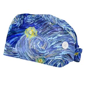 mersov bouffant caps with button, surgical scrub cap for men women, 2 pieces blue starry sky space galaxy working hat tie back hat, medium-3x-large