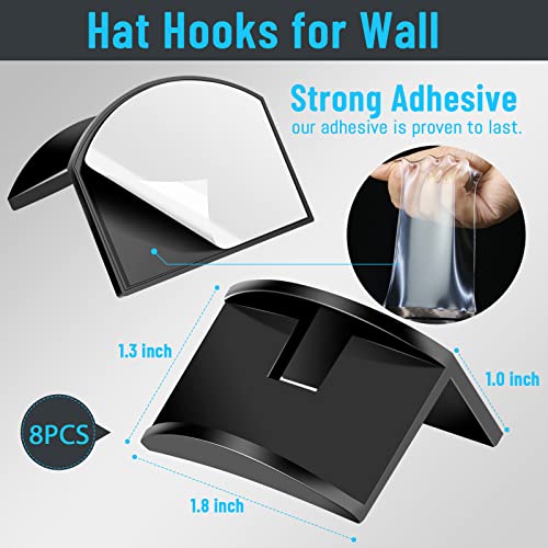ZHWKMYP 8 Pcs Hat Rack, Adhesive Black Hat Hooks for Wall, Hat Rack Wall Mount for Baseball Caps Boys Room