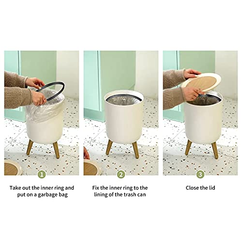 SHL96PZGX Small Trash Can with Lid Compass and Mountains in Bicycle Wheels Seamless Packing Old Waste Bin with Wood Legs Press Cover Wastebasket Round Garbage Bin for Kitchen Bathroom Bedroom Office