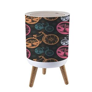 shl96pzgx small trash can with lid compass and mountains in bicycle wheels seamless packing old waste bin with wood legs press cover wastebasket round garbage bin for kitchen bathroom bedroom office