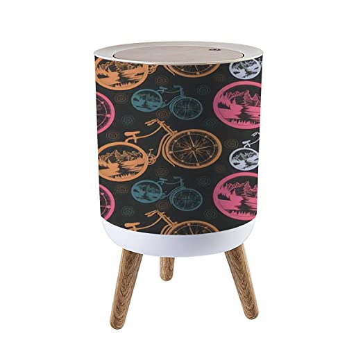 SHL96PZGX Small Trash Can with Lid Compass and Mountains in Bicycle Wheels Seamless Packing Old Waste Bin with Wood Legs Press Cover Wastebasket Round Garbage Bin for Kitchen Bathroom Bedroom Office