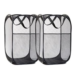 jeewool mesh clothes hamper,2 pcs pop-up laundry basket with side pocket , thick and reinforced handles high carbon steel frame,collapsible to storage easy open, for dorm, bedroom or travel (black)