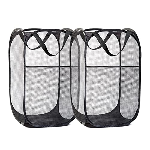 Jeewool Mesh Clothes Hamper,2 Pcs Pop-up Laundry Basket with Side Pocket , Thick and Reinforced Handles High Carbon Steel Frame,Collapsible to Storage Easy Open, for Dorm, Bedroom or Travel (black)