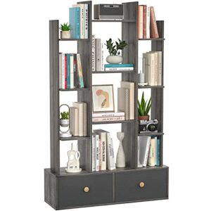 unikito book shelf with 2 drawers free standing bookcase, office storage shelf organizer with 12 open bookshelf, industrial wood book case display rack for bedroom, living room home office, gray oak