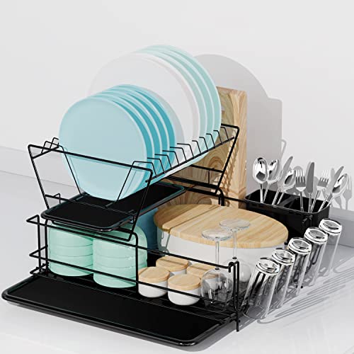 Buruis 2 Tier Dish Drying Rack with 2 Drainboard, Small Dish Rack with Cutting Board Cutlery Holder, Cup Rack, Compact Metal Dish Drainer Tray for Kitchen Counter Cabinet (Black)