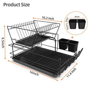 Buruis 2 Tier Dish Drying Rack with 2 Drainboard, Small Dish Rack with Cutting Board Cutlery Holder, Cup Rack, Compact Metal Dish Drainer Tray for Kitchen Counter Cabinet (Black)