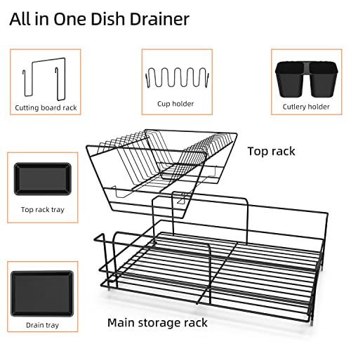 Buruis 2 Tier Dish Drying Rack with 2 Drainboard, Small Dish Rack with Cutting Board Cutlery Holder, Cup Rack, Compact Metal Dish Drainer Tray for Kitchen Counter Cabinet (Black)